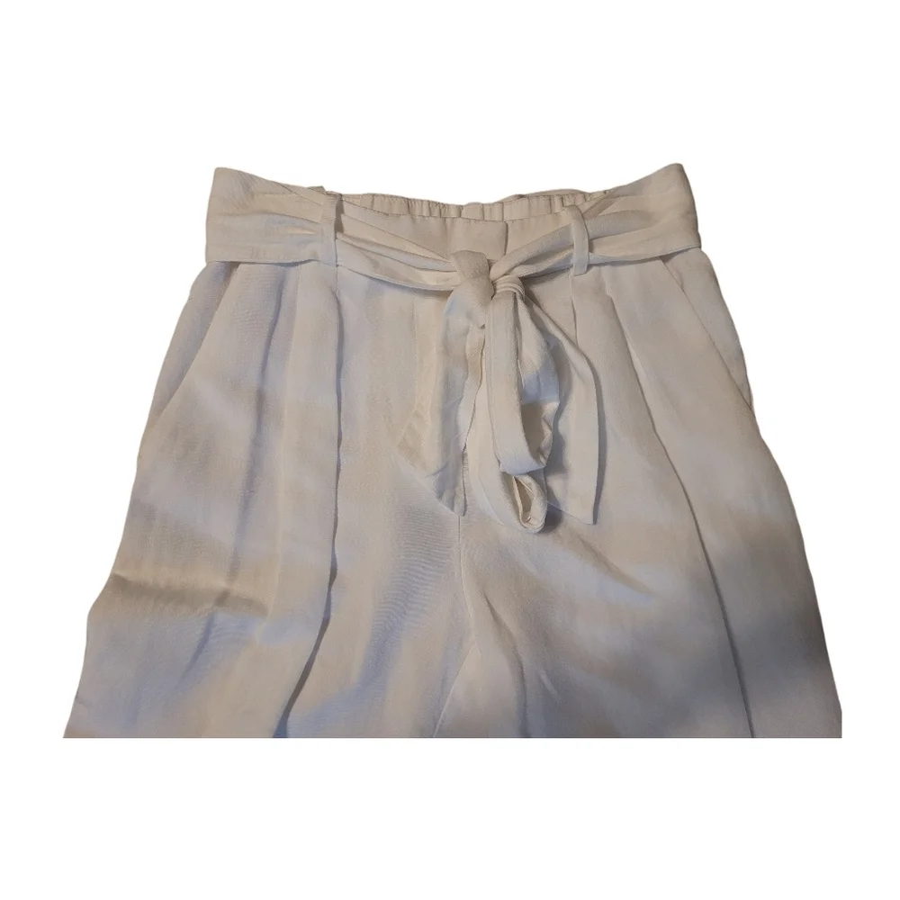 H&M White Linen Blend Straight Leg Front Pleated Cropped Belted Pants Sz 8 EUC
